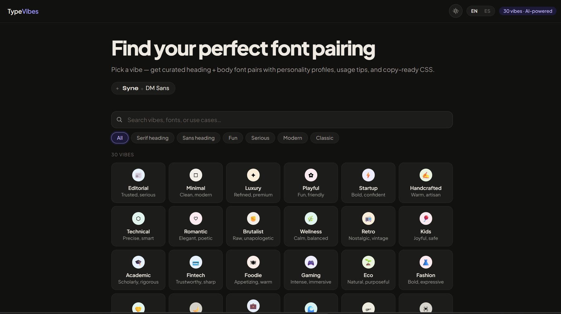 Typevibes home screen: the vibe picker with 30 vibes, search and filters