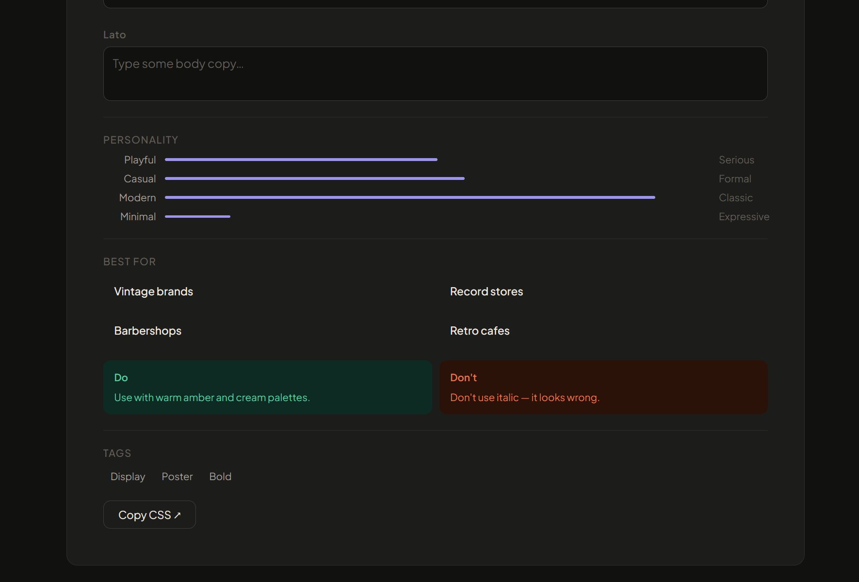 A pairing result: personality sliders, best-for list, do and don't, tags and Copy CSS