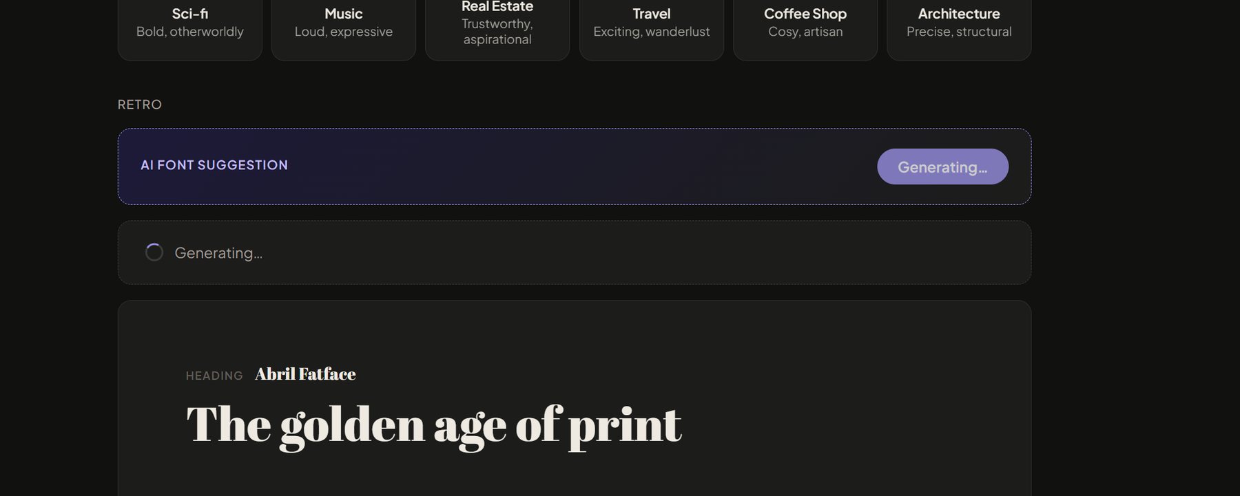 AI font suggestion panel generating a new pairing for the Retro vibe